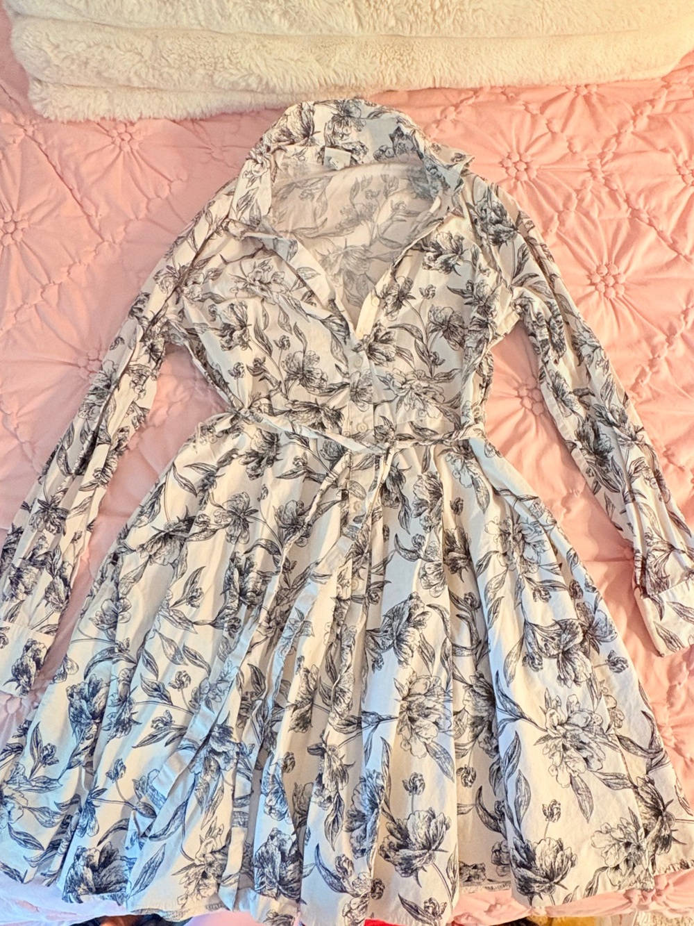 Floral Wrap Long-Sleeve Womens Dress - White with Black Print - Removable Belt
